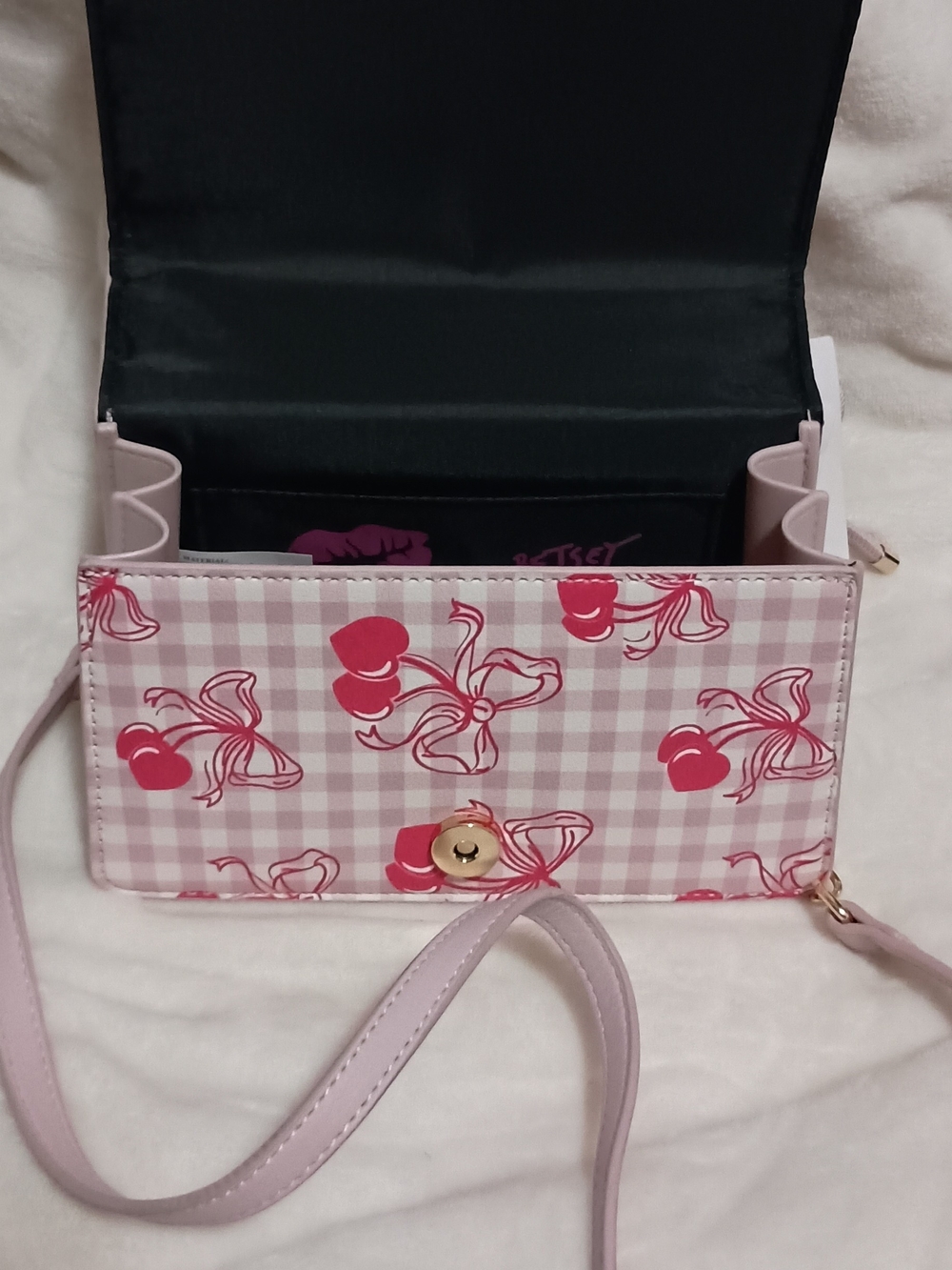 Betsey Johnson Pink Cherry Gingham Crossbody Bag. NWT